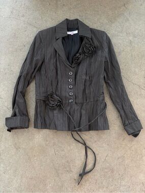 Womens Dark Gray Pinstripe Floral Accent Blazer